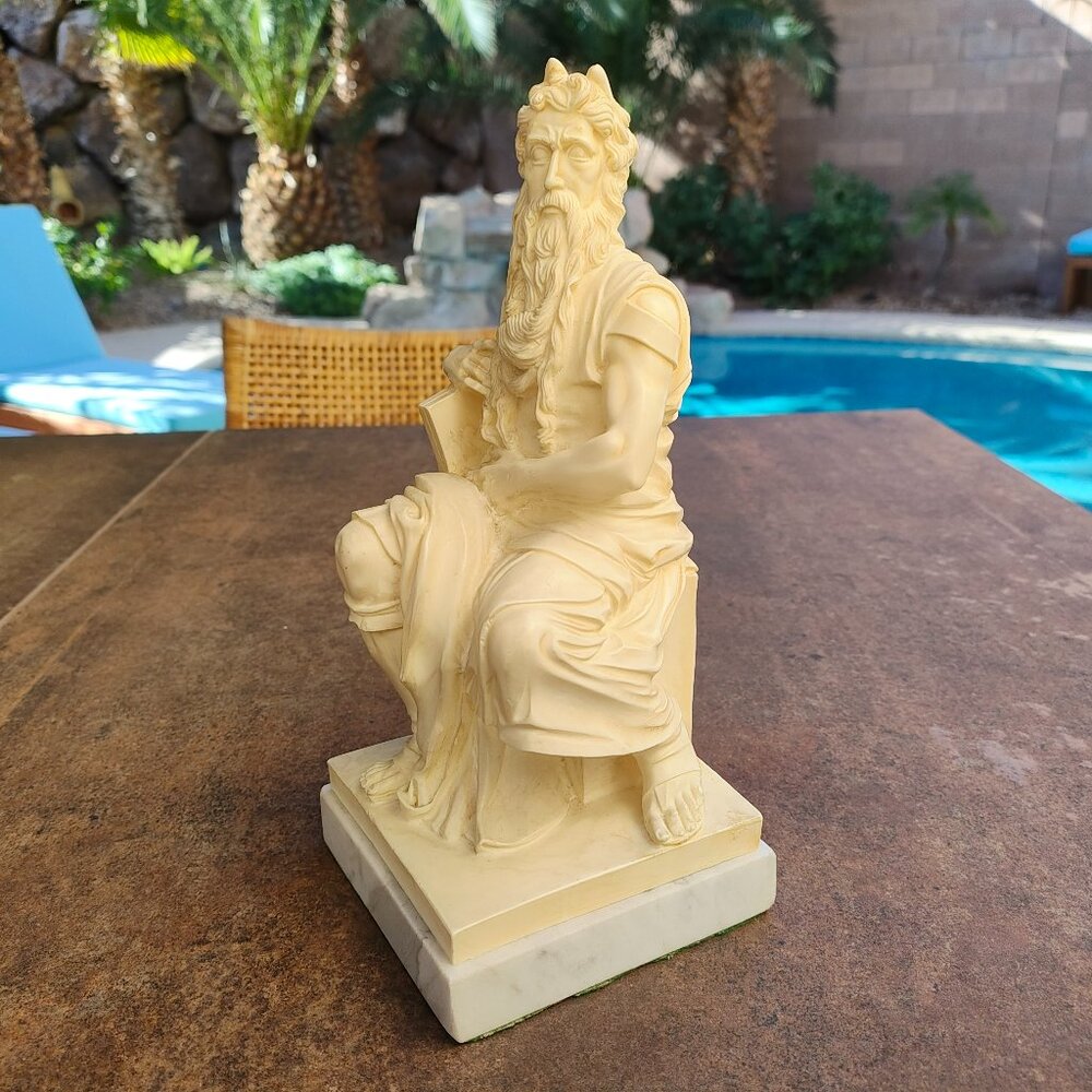 Moses Sculpture on White Marble Base Vintage Figure 9" Tall